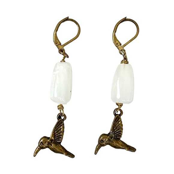 Antique Brass Hummingbird Dangle Earrings with White Beads & Leverback Hooks EUC - Picture 2 of 4
